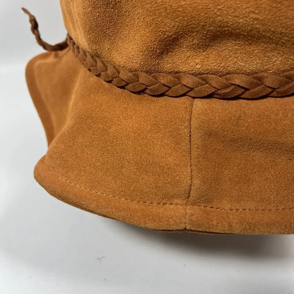 FREE PEOPLE Hat OS Tennessee Suede Leather Floppy Bucket Cap Braided Band Brown